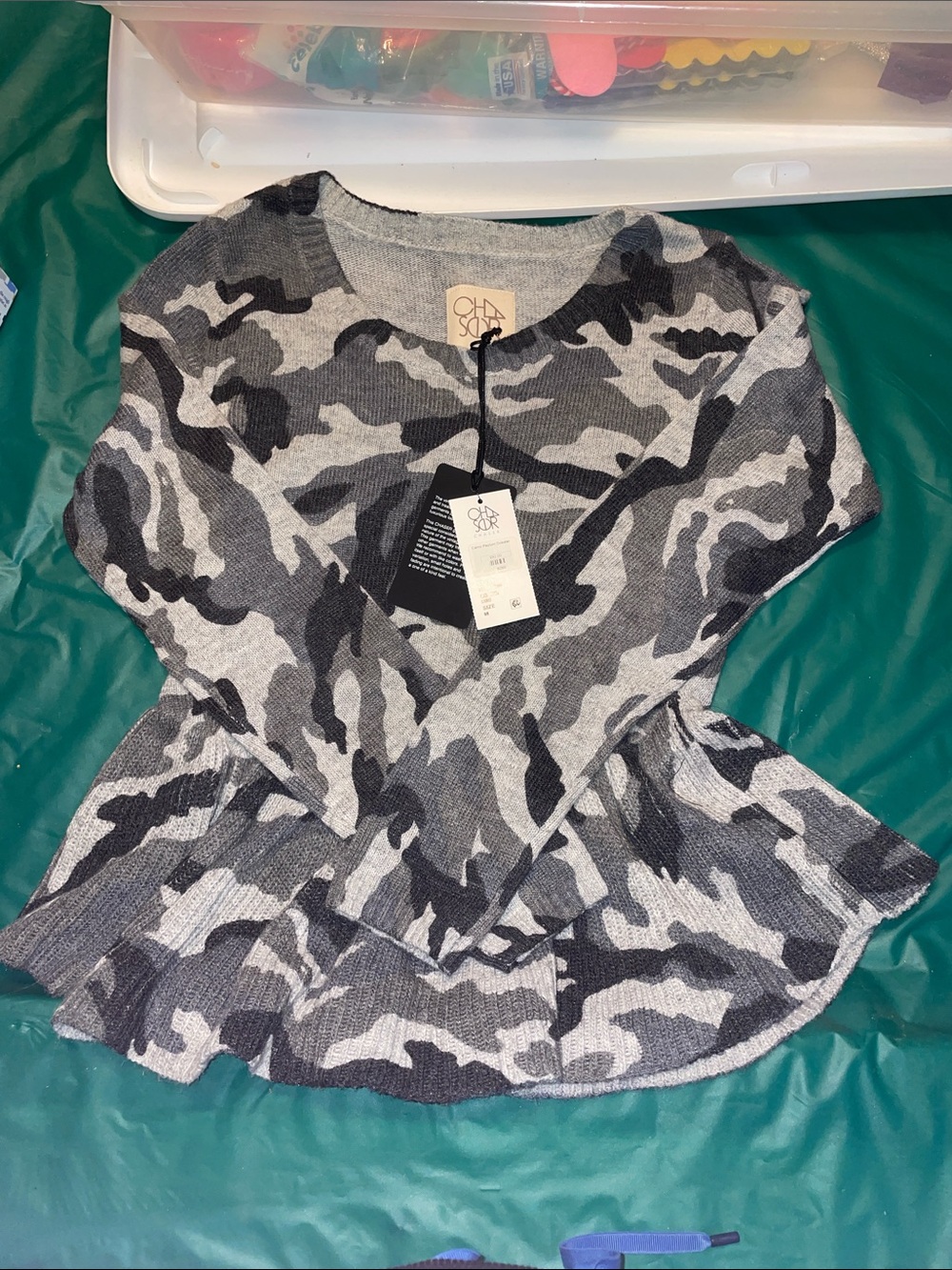 Chaser Gray & Black Camo Peplum Sweater